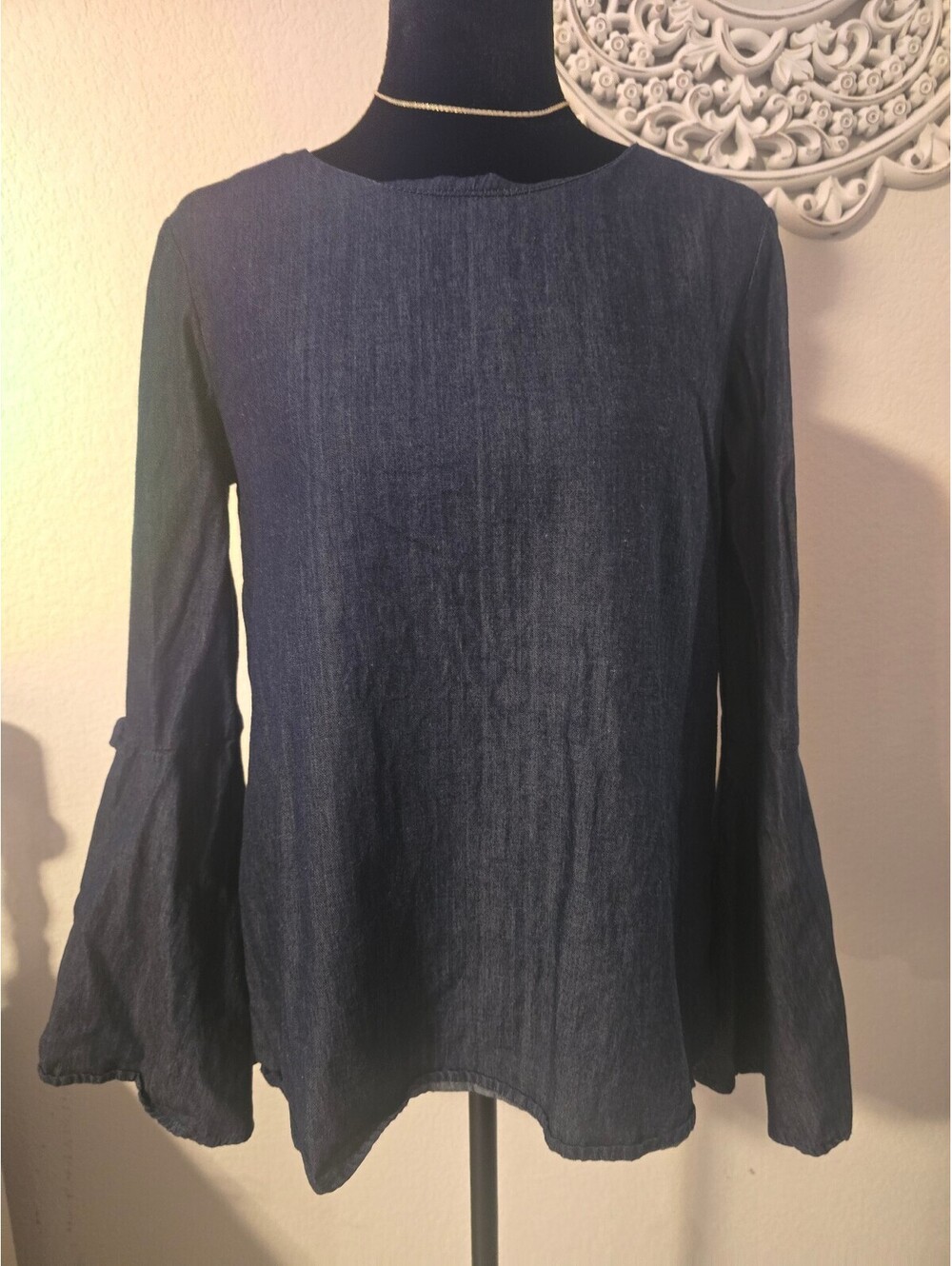 Amelia Women's Dark Blue Denim Blouse with Bell Sleeves and Bow Detail Size S